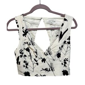Club Monaco Linen Blend Floral V-Neck Crop Top White Black Size 4 Smocked Back